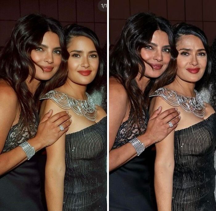 Dos mujeres posan juntas en evento, una foto original y otra manipulada que muestra desajustes y falsedad en las imágenes.
