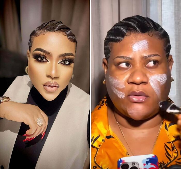 Comparación de dos fotos, una con maquillaje profesional y otra con intento fallido de fotos falsas fuera de la realidad.