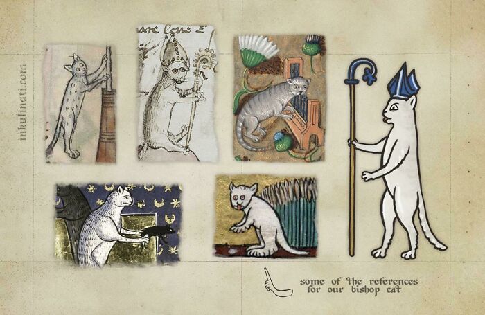Gatos medievales divertidos en ilustraciones históricas mostrando escenas cómicas y personajes felinos únicos en manuscritos antiguos.