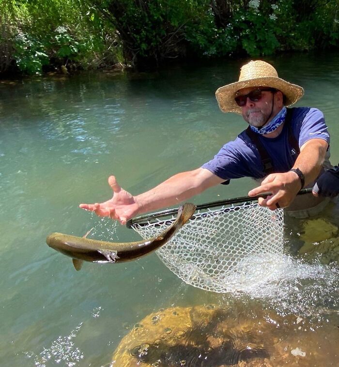 Hombre con sombrero intentando atrapar pez con red en el momento justo antes de un desastre gracioso al pescar.