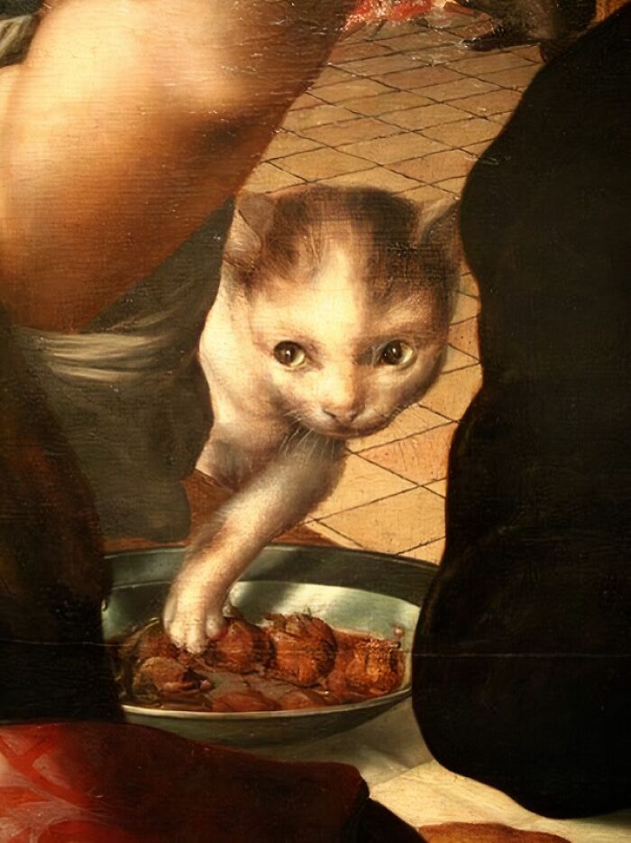 Gato medieval curioso con la pata en un plato de comida, imagen divertida de gatos en el arte medieval.