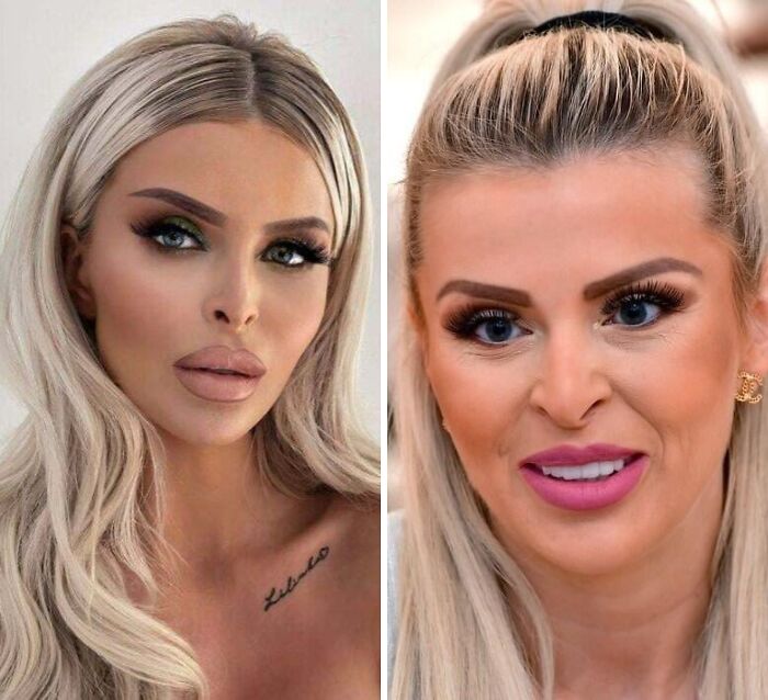 Mujeres con fotos manipuladas mostrando cómo personas fuera de la realidad crean imágenes falsas poco creíbles.