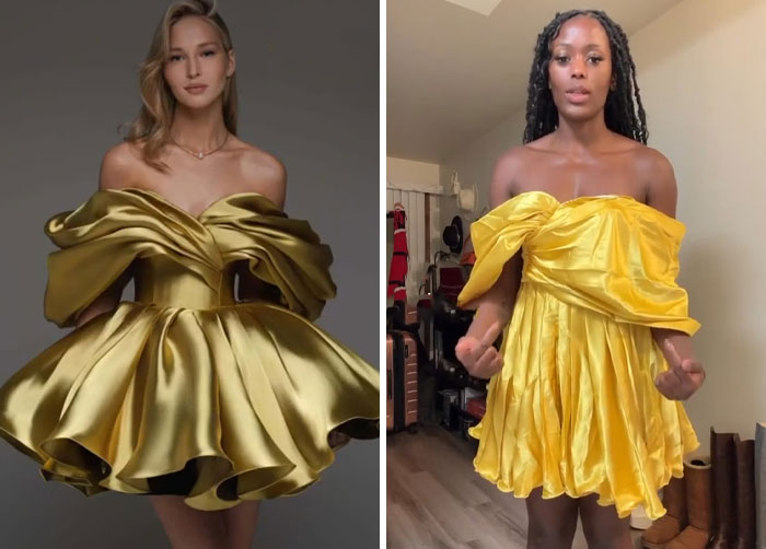 Comparación de experiencia divertida al recibir vestido amarillo diferente al pedido, ejemplificando errores comunes al ordenar ropa online.