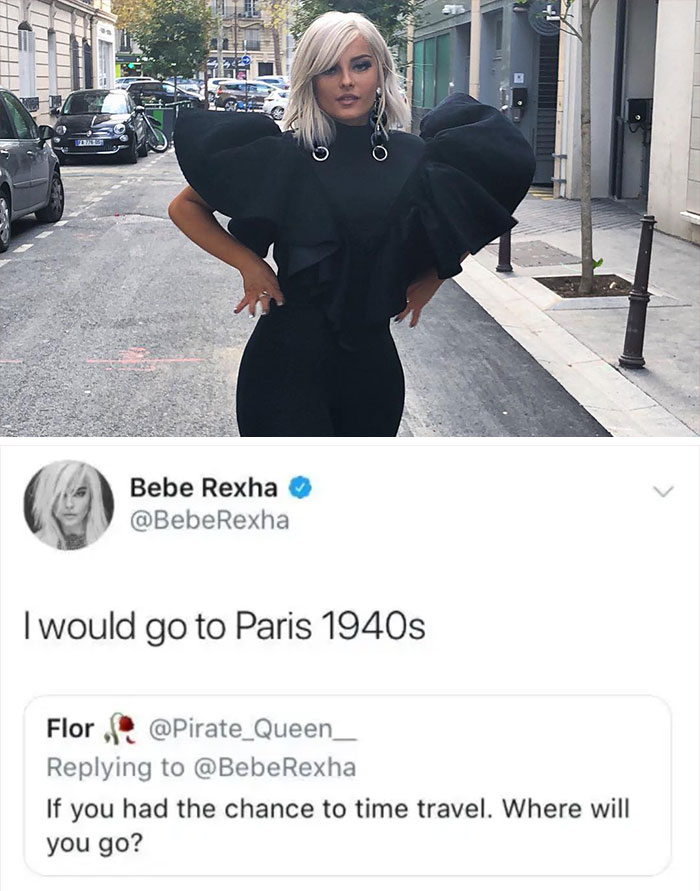 Mujer con vestido negro y cabello rubio responde en Twitter sobre viaje en el tiempo en una colección de oopsies destacados.