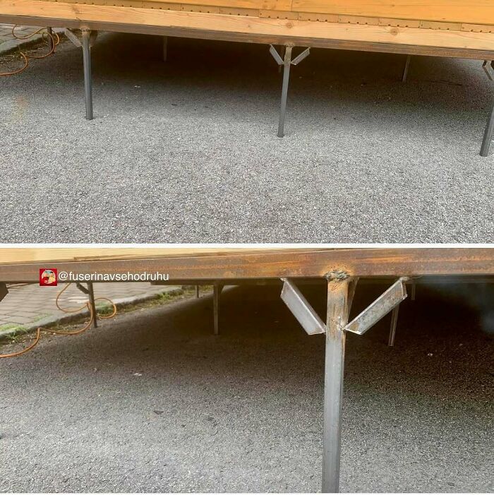 Soporte metálico de construcción con fallos visibles en la estructura causando inestabilidad y riesgo evidente.