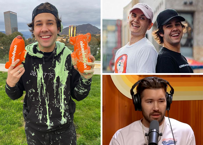 Influencers posando en público y en podcast, ejemplos de carreras afectadas por grandes escándalos en redes sociales.