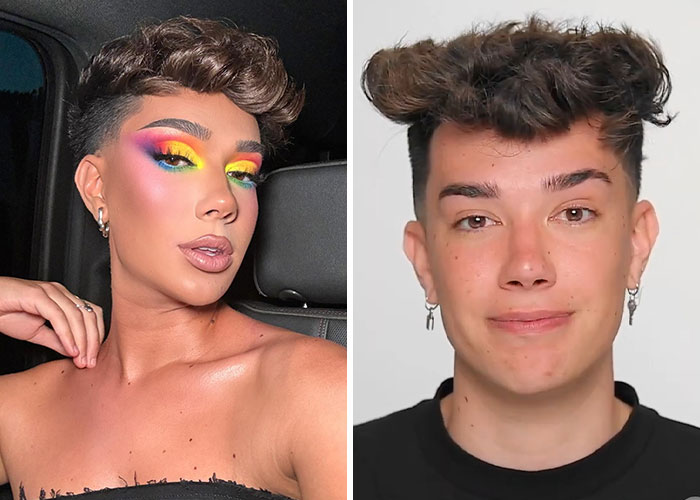 Influencer con maquillaje colorido en automóvil y sin maquillaje en fondo neutro, ejemplo de carreras afectadas por escándalos.