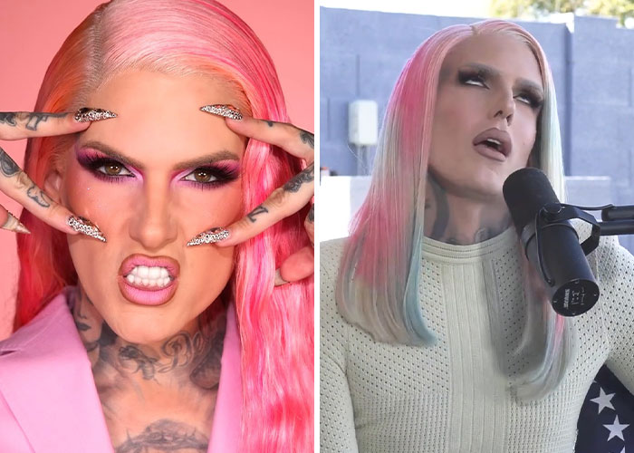 Influencer con pelo rosa y maquillaje dramático en dos estilos, representando carreras afectadas por escándalos importantes.