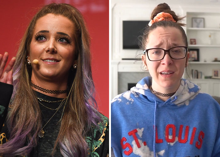 Influencer con maquillaje y micrófono, y la misma persona con aspecto casual y gafas, mostrando contraste tras escándalo.