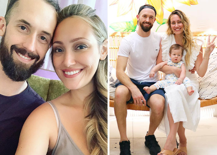Pareja de influencers sonrientes junto a su hijo pequeño, ilustrando el impacto de escándalos en carreras de influencers.