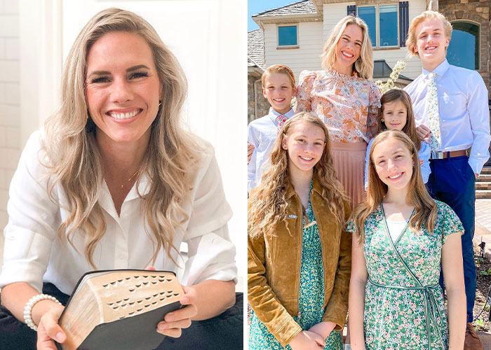 Mujer sonriente con libro y familia en casa, representando influencers afectados por escándalos y pérdida de carrera rápida.
