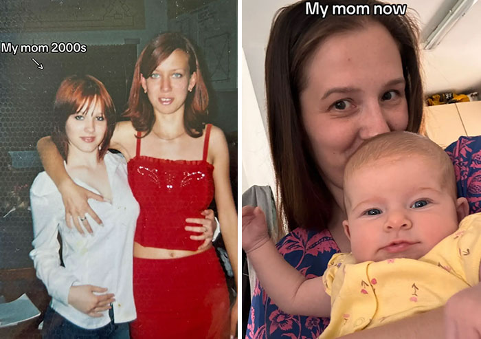 Foto comparativa de padres iconos en su juventud en los 2000 y su vida actual con sus hijos pequeños.