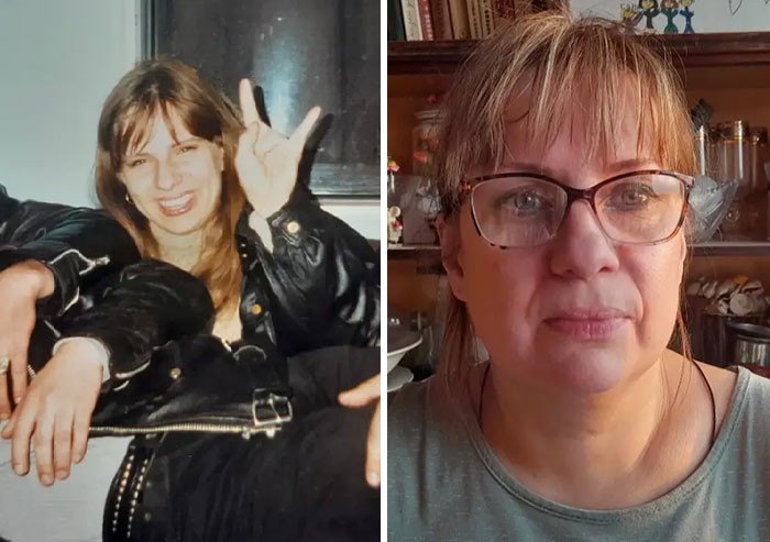 Mujer joven con chaqueta de cuero haciendo señal rockera y mujer mayor con gafas en fondo con libros y vajilla. Iconos padres jovenes.