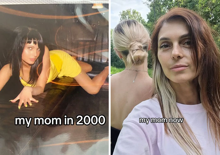 Madre joven en 2000 posando con estilo y su foto actual, mostrando padres icónicos y geniales con el paso del tiempo.