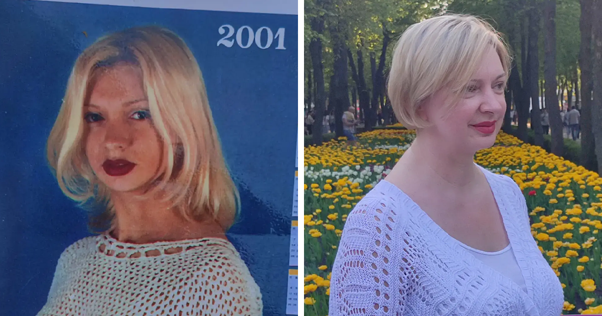 Mujer con suu00e9ter blanco, comparando fotos de padres triunfando cuando eran ju00f3venes en diferentes u00e9pocas.