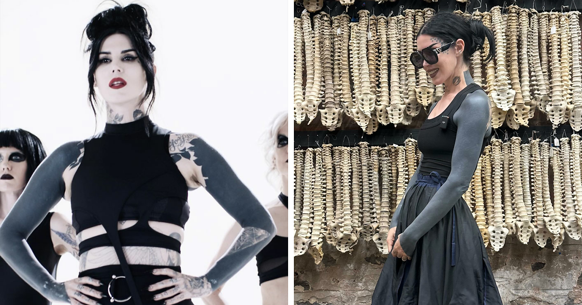 Kat Von D mostrando su transformaciu00f3n con tatuajes negros que cubren gran parte de su cuerpo en dos fotos diferentes.