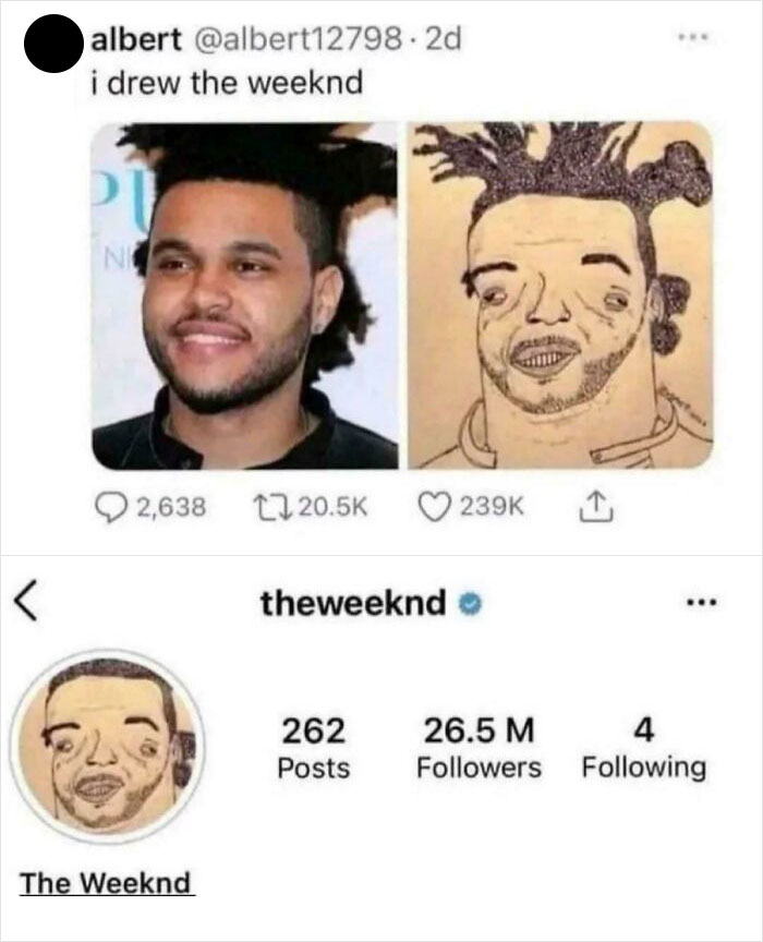 Dibujo extraño y divertido de The Weeknd que se volvió viral por su apariencia rara y peculiar en redes sociales.