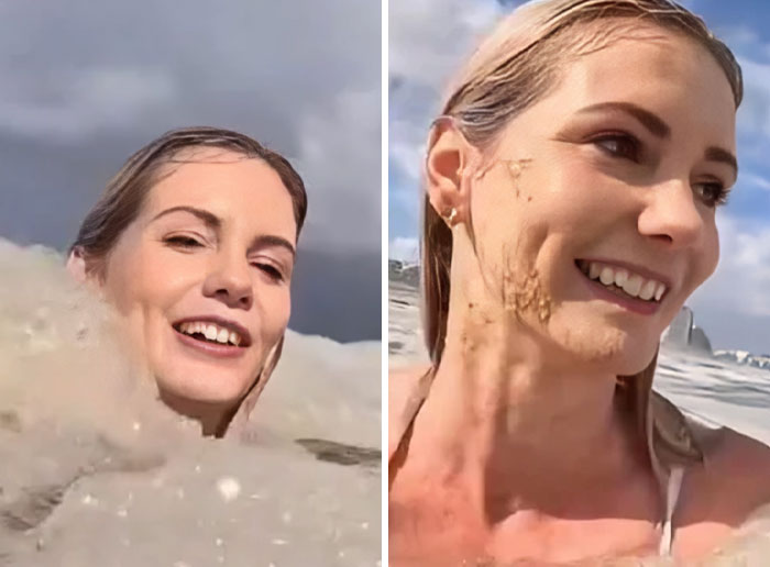 Influencer riendo cubierta de espuma en el mar, mostrando divertidos errores virales que causan risas mundiales.