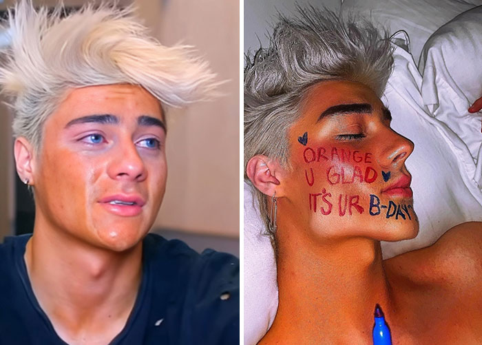 Influencer con errores de maquillaje y mensajes escritos en la cara, ejemplos de elecciones tontas que causaron risas globales.