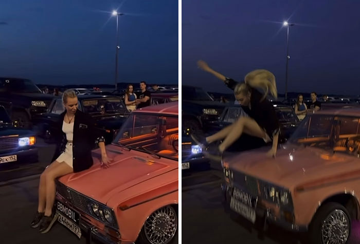 Influencer haciendo una mala elección al saltar sobre un auto en un estacionamiento por la noche, causando risas.
