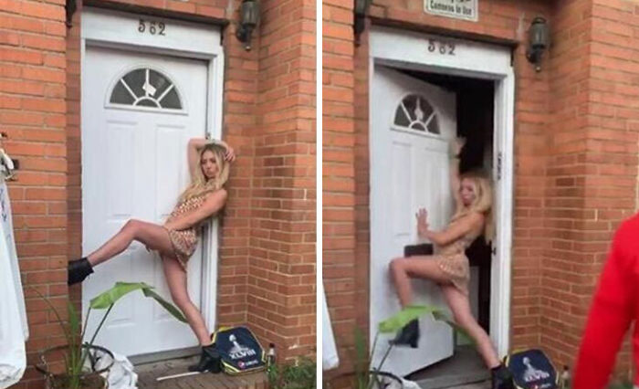Influencer atrapada en la puerta al hacer una elección tonta intentando posar divertida en fotos virales.