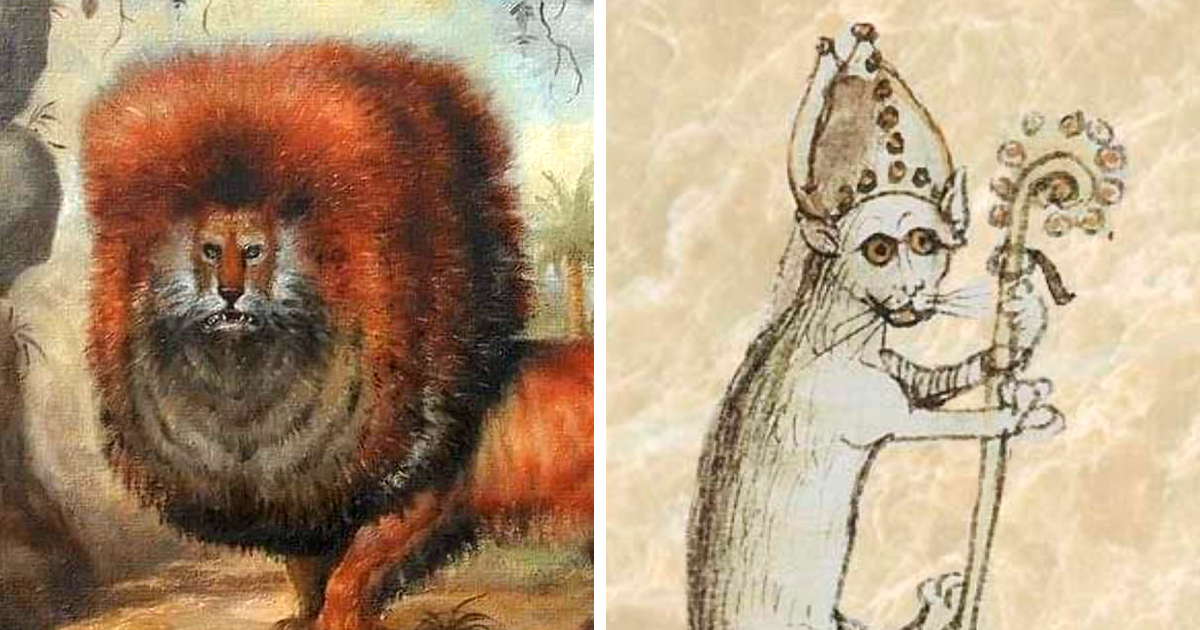 Imagen dividida de gatos medievales, uno con melena de leu00f3n y otro vestido de obispo con bu00e1culo decorado.