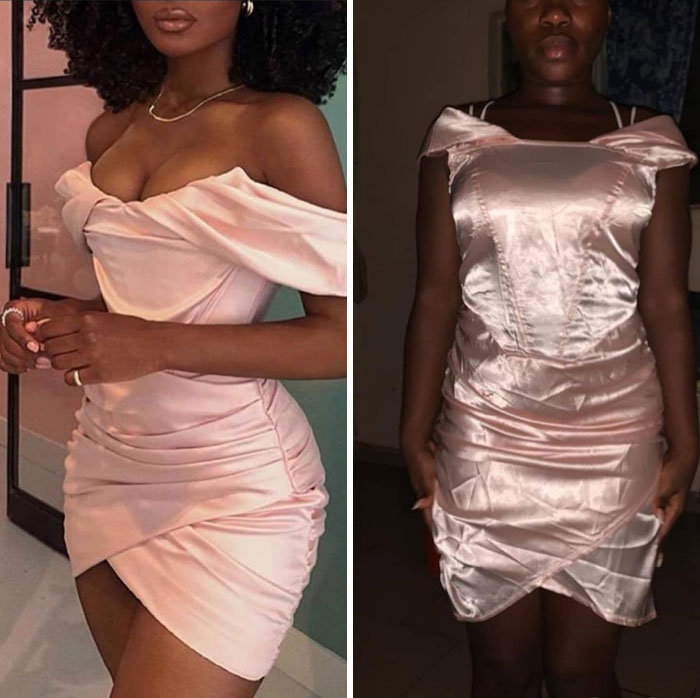 Comparación de vestido rosa pedido versus recibido, mostrando experiencias divertidas de no recibir lo esperado.