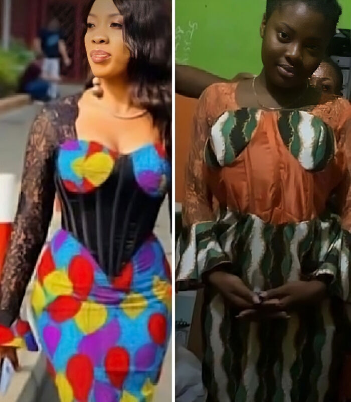 Dos mujeres mostrando vestidos con diferencias claras entre el pedido y lo recibido en experiencias divertidas.