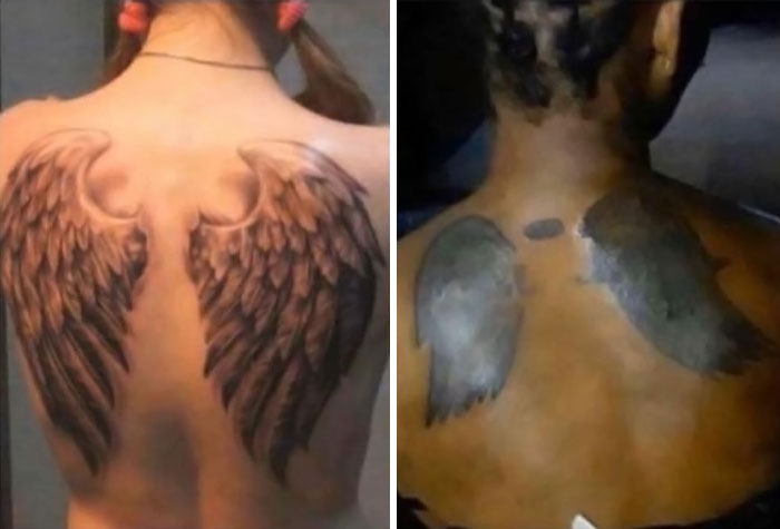 Comparación de tatuajes de alas en la espalda con resultados divertidos y experiencias hilarantes al recibir no lo pedido.