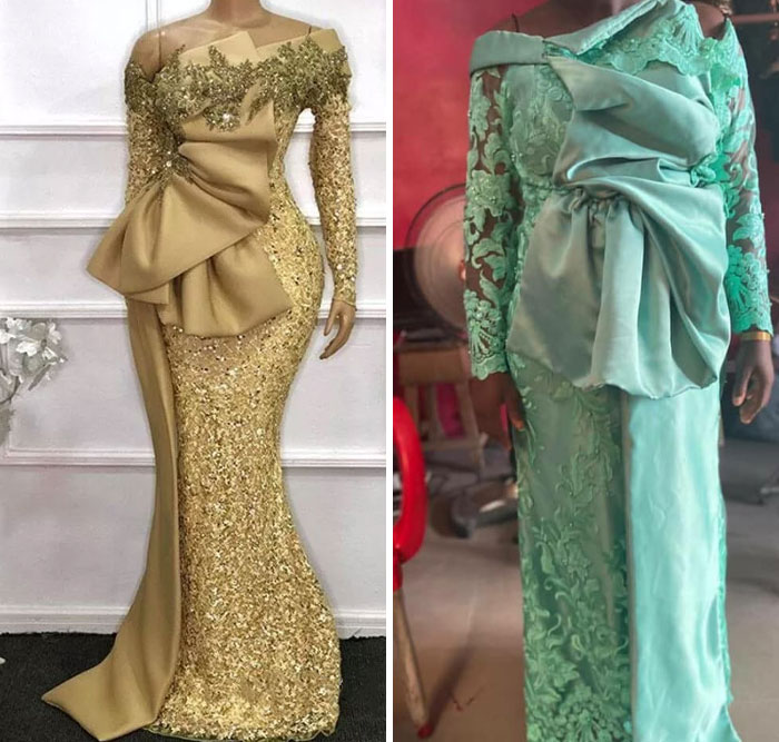 Vestidos con detalles dorados y verdes, ejemplos divertidos de experiencias recibiendo no lo ordenado en compras online.