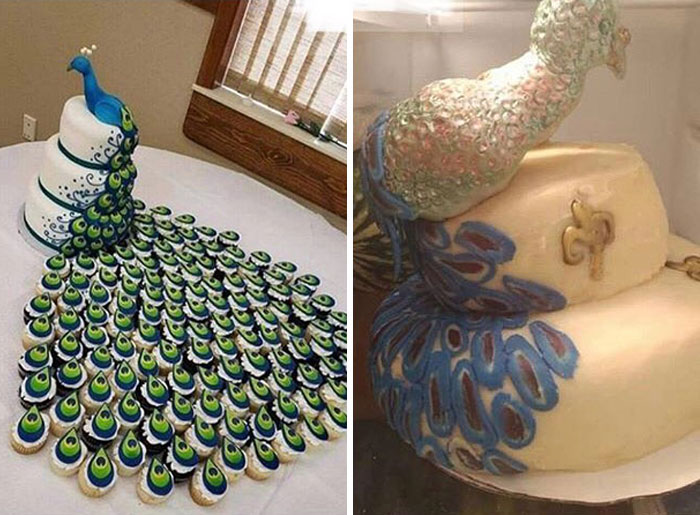 Pastel de pavo real bien decorado junto a otro con fallo notable que muestra experiencias divertidas de pedidos erróneos.