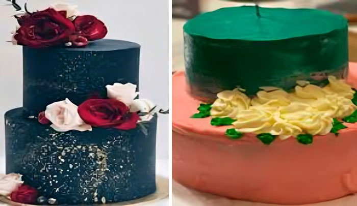Dos pasteles, uno elegante con flores reales y otro casero con decoraciones mal hechas, mostrando experiencias divertidas de pedidos erróneos.