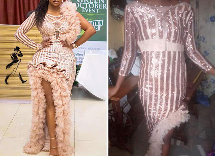 Vestido elegante pedido frente a versión recibida en casa, ejemplo divertido de experiencias no recibir lo pedido.