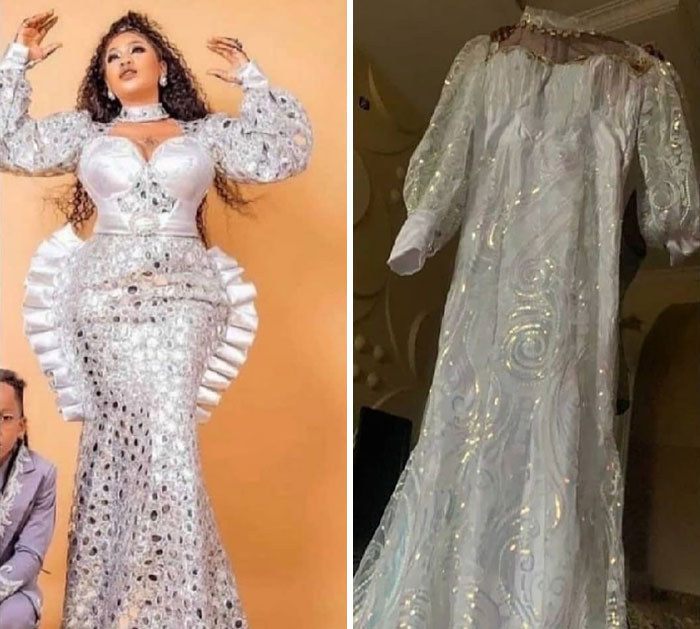 Mujer mostrando vestido elegante recibido versus vestido esperado, experiencia divertida de recibir no lo pedido.
