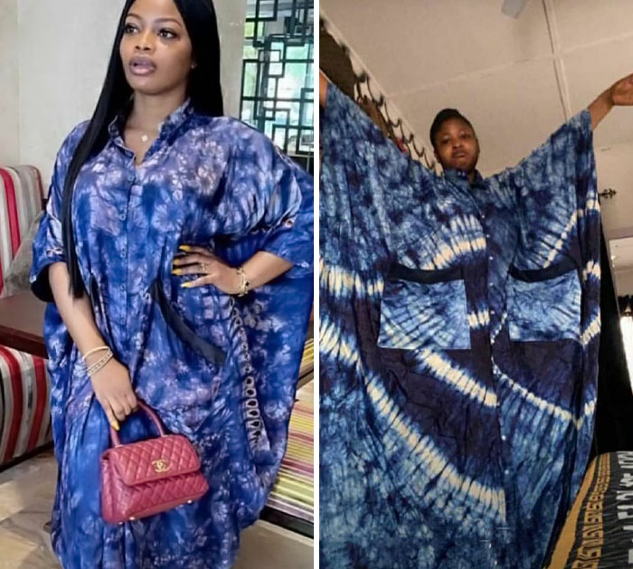 Dos mujeres con vestidos tie-dye que muestran experiencias divertidas de recibir ropa diferente a lo ordenado en línea.