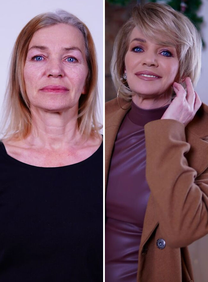 Antes y después de una transformación asombrosa con maquillaje profesional en un estudio especializado.