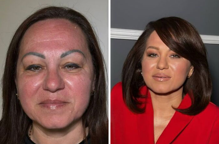 Transformación asombrosa de maquillaje en estudio que realza los rasgos faciales con un cambio completo y profesional.
