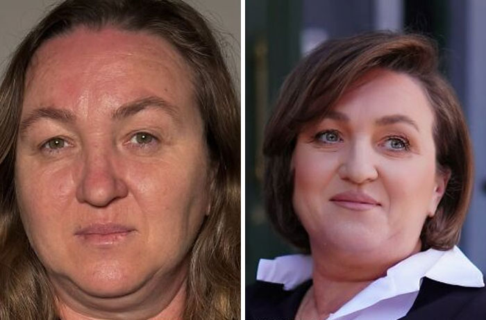 Primer plano de mujer mostrando transformaciones asombrosas realizadas por estudio de maquillaje en fotos antes y después.