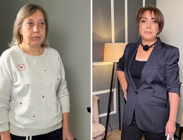 Transformación asombrosa de mujer con maquillaje profesional y cambio de vestuario en estudio especializado.