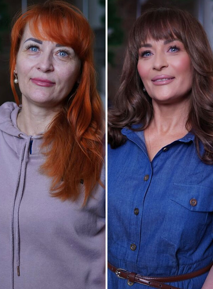 Mujer antes y después de increíbles transformaciones de estudio de maquillaje con cambio de look y estilo único.