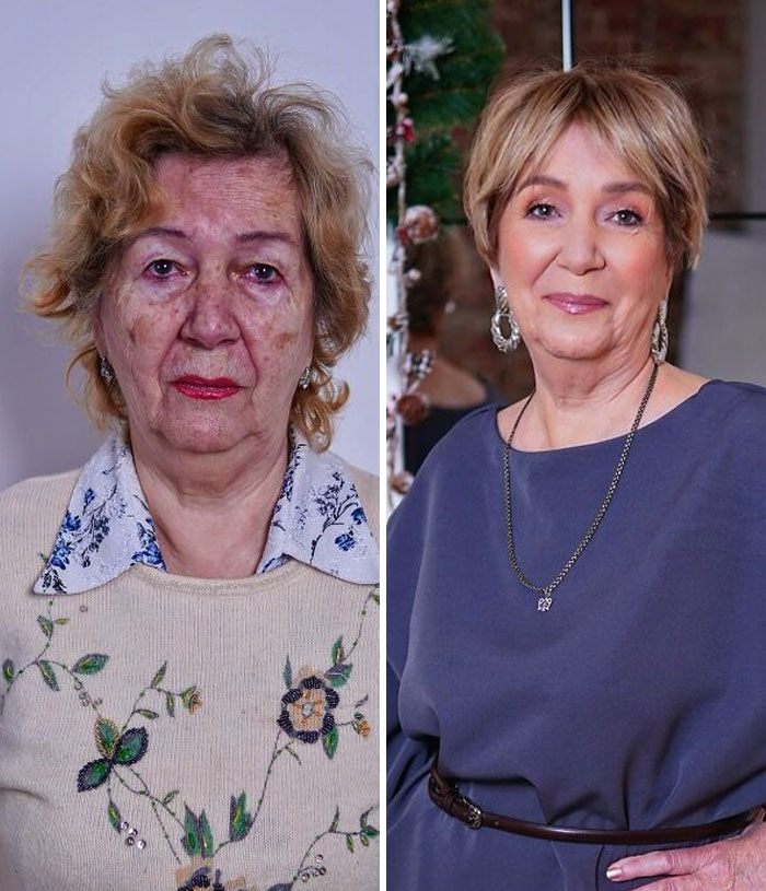 Transformación asombrosa de mujer mayor antes y después de maquillaje profesional realizado por estudio especializado.