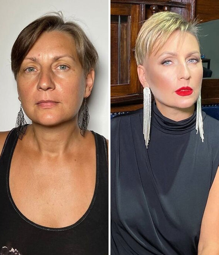 Transformación asombrosa de maquillaje mostrando cambio de rostro natural a estilo glamuroso con labios rojos y mirada intensa.