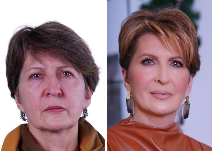 Transformación asombrosa de maquillaje en mujer mayor con cambio visible en piel, estilo y expresión facial moderna elegante.