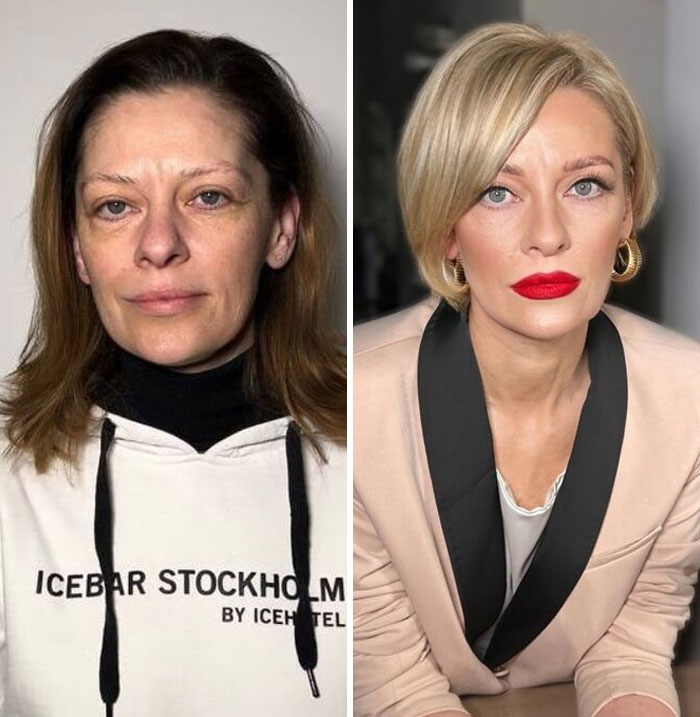Transformaciones asombrosas de maquillaje mostrando antes y después con cambio radical en estilo y apariencia facial.