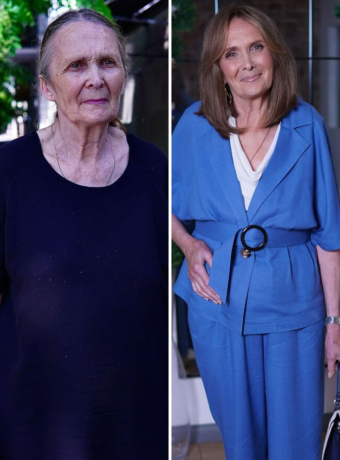 Transformaciones asombrosas de maquillaje en mujer mayor, antes y después con cambio de look y vestuario elegante.