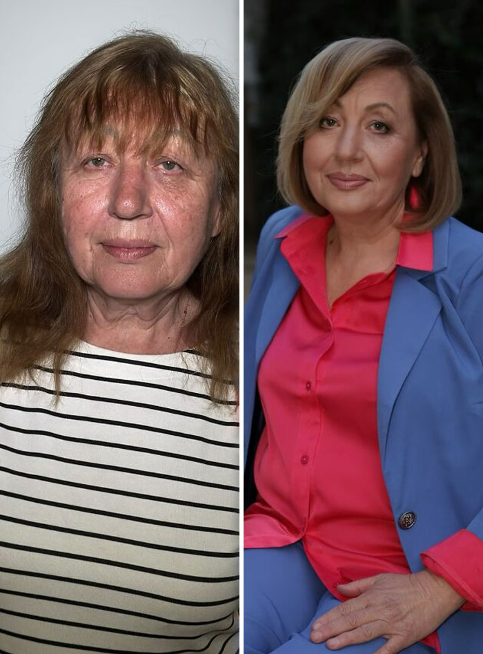 Transformación asombrosa de mujer mayor antes y después con maquillaje profesional realizado por estudio especializado.