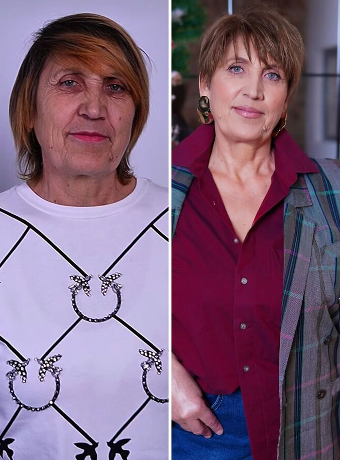 Transformación asombrosa de mujer antes y después, mostrando resultados impactantes de un estudio de maquillaje profesional.