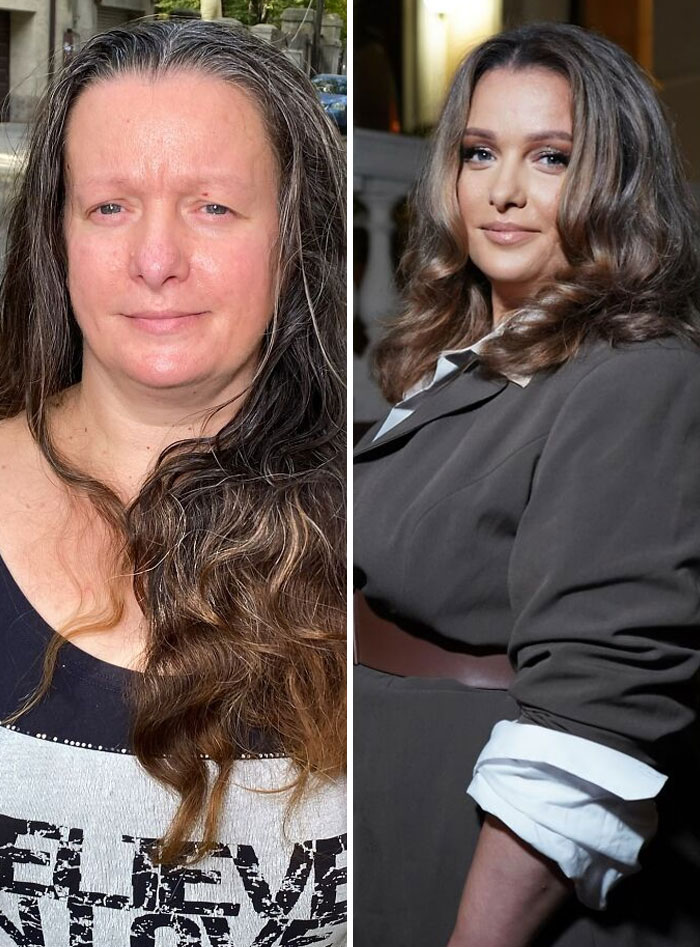 Transformación asombrosa de maquillaje antes y después, mostrando resultados impresionantes de un estudio profesional.