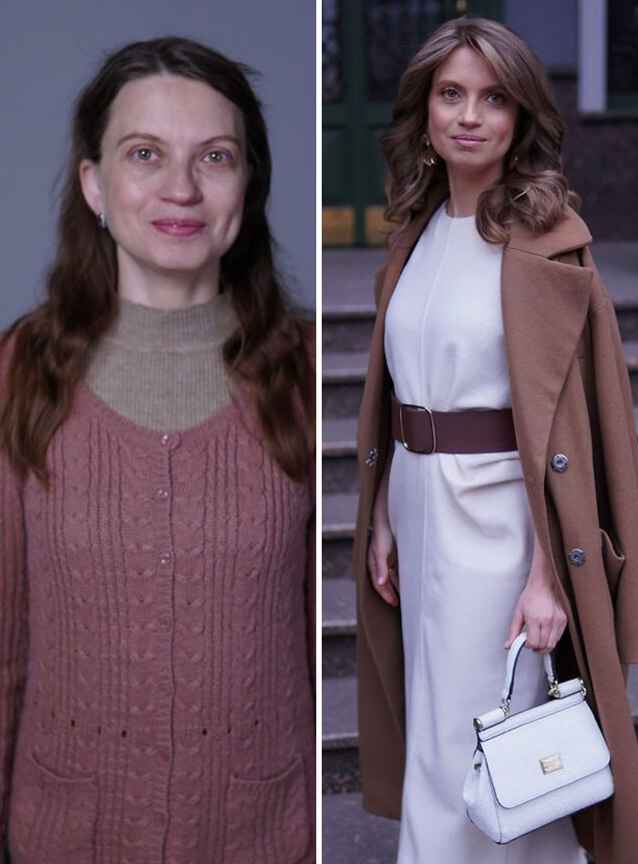 Transformación asombrosa de mujer antes y después de maquillaje profesional y cambio de imagen elegante con vestido y abrigo.