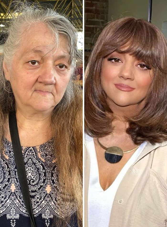 Transformación de mujer mayor con maquillaje profesional y cambio de peinado en estudio de maquillaje, resultados asombrosos.